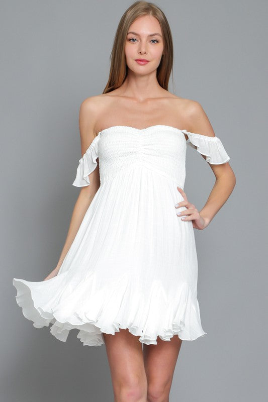 WHITE STRAPLESS RUFFLE DRESS