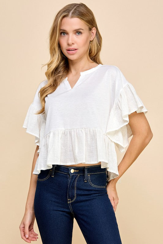 WHITE RUFFLE SLV BABYDOLL TOP