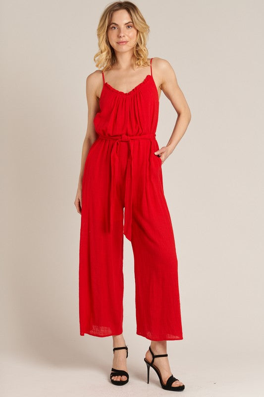 RED BELTED JUMPSUIT