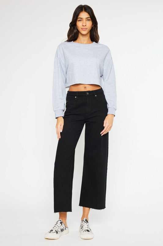 BLK WIDE LEG CROPPED DENIM