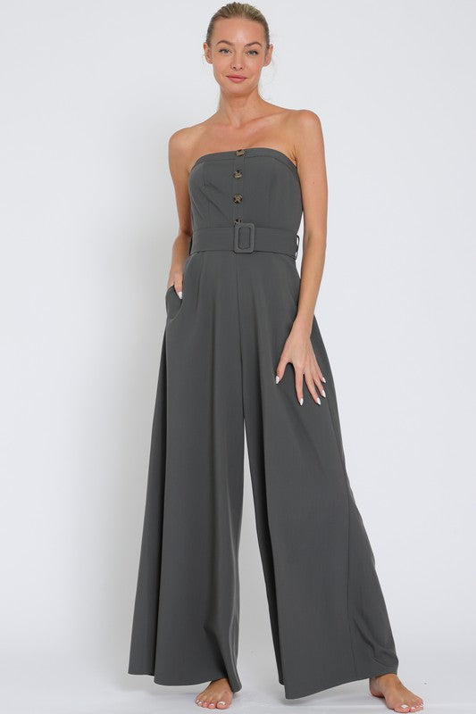 GRAY BELTED WIDE LEG JUMPSUIT